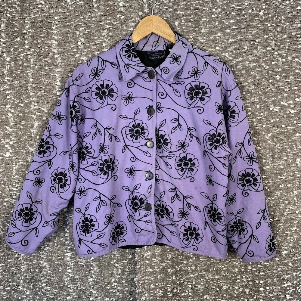 Vintage Life Style Petites Shirt Jacket Purple Floral Embroidered Boho Womens PL